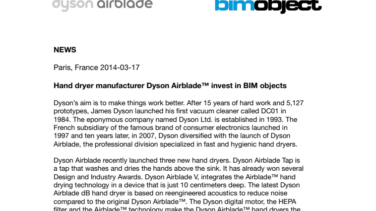 Hand dryer manufacturer Dyson Airblade™ invest in BIM objects