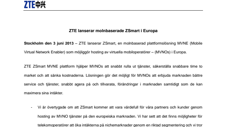 ZTE lanserar molnbaserade ZSmart i Europa