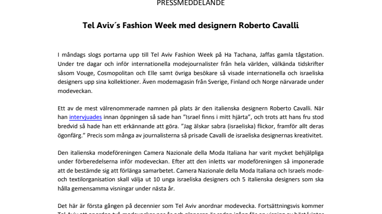 Tel Aviv´s Fashion Week med designern Roberto Cavalli