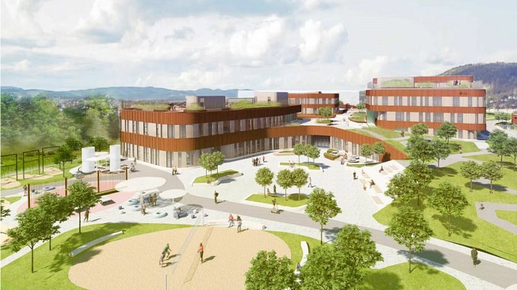 Økern skole, barnehage og flerbrukshall skal stå ferdig for brukerne til skolestart i 2027. Tegning: L2 arkitekter