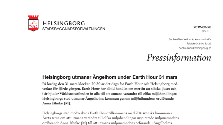 Helsingborg utmanar Ängelhom under Earth Hour 31 mars