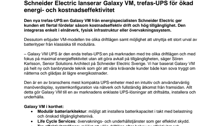 Schneider Electric lanserar Galaxy VM, trefas-UPS för ökad energi- och kostnadseffektivitet 