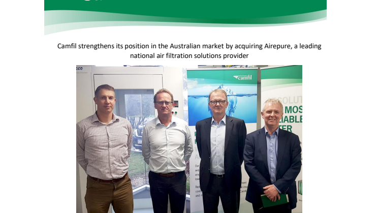 Camfil strengthens its position in the Australian market by acquiring Airepure, a leading national air filtration solutions provider