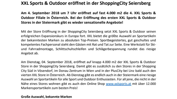 XXL Sports & Outdoor eröffnet in der ShoppingCity Seiersberg