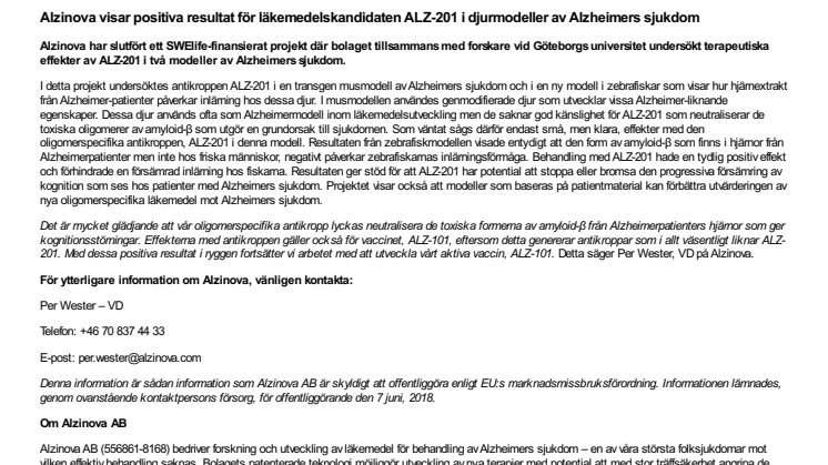 Alzinova visar positiva resultat för läkemedelskandidaten ALZ-201 i djurmodeller av Alzheimers sjukdom
