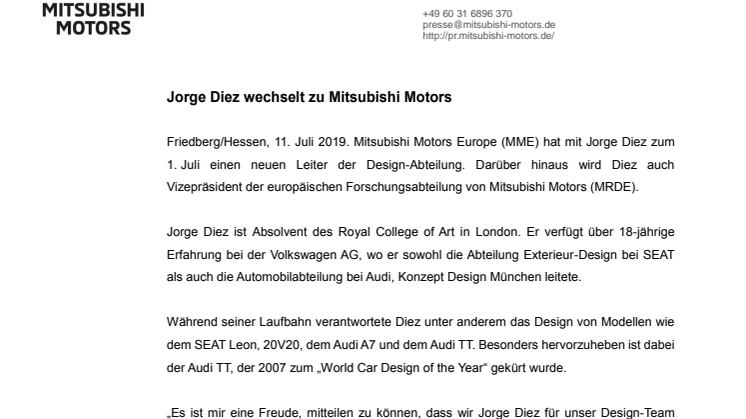 Jorge Diez wechselt zu Mitsubishi Motors 