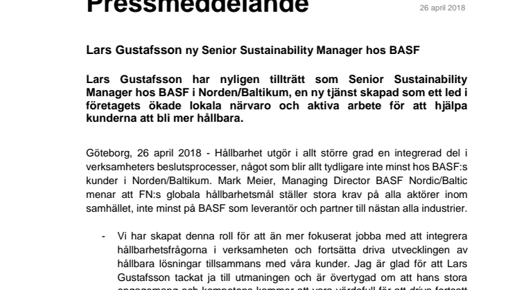 Lars Gustafsson ny Senior Sustainability Manager hos BASF 