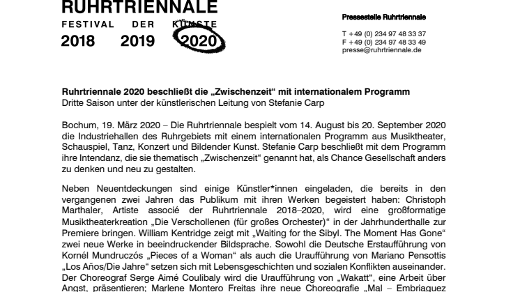 Ruhrtriennale 2020 beschließt die „Zwischenzeit“ mit internationalem Programm