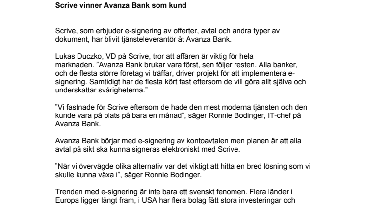Scrive vinner Avanza Bank som kund