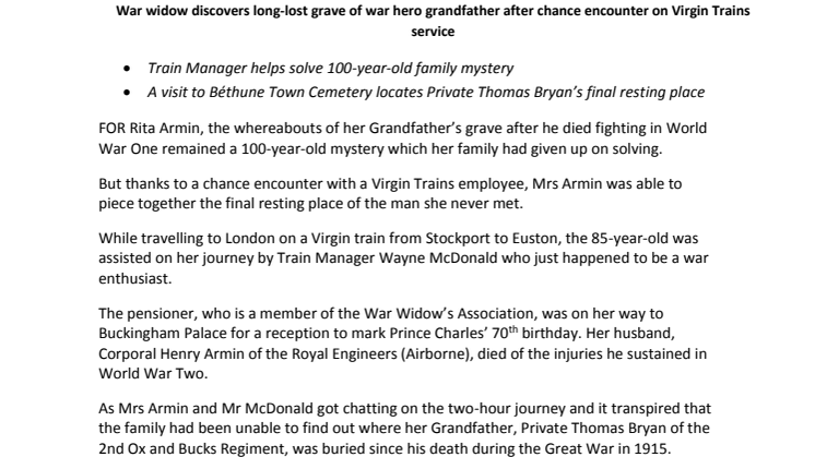 War widow discovers long-lost grave of war hero grandfather after chance encounter on Virgin Trains service