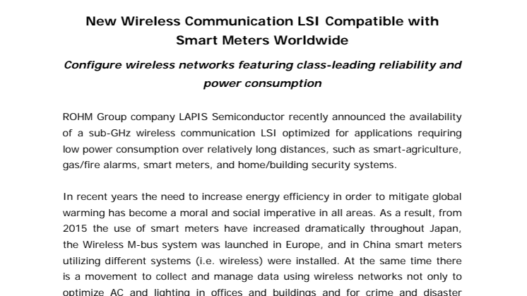 New Wireless Communication LSI Compatible with Smart Meters Worldwide ---Configure wireless networks featuring class-leading reliability and power consumption