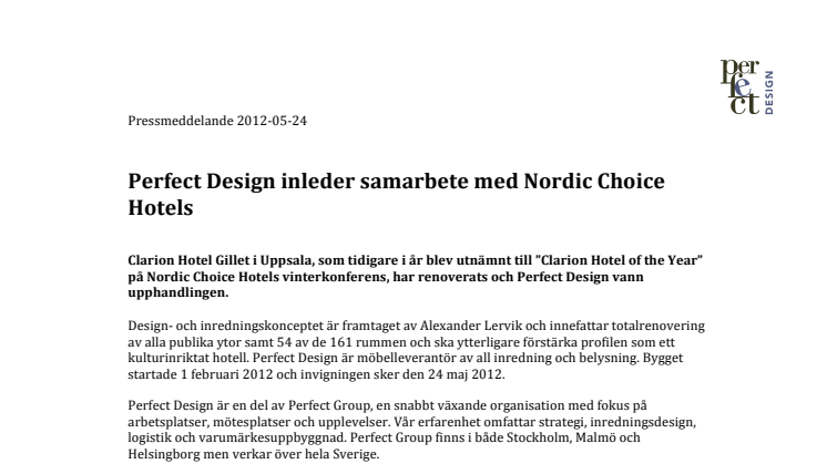 Perfect Design inleder samarbete med Nordic Choice Hotels