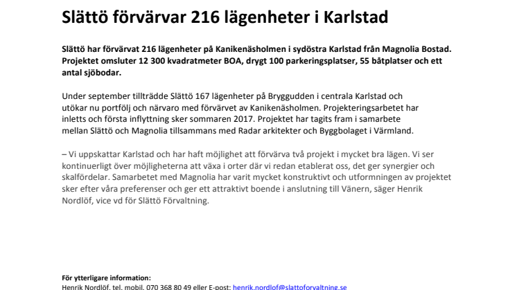 Slättö förvärvar 216 lägenheter i Karlstad