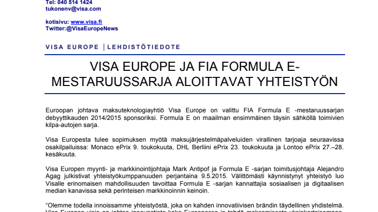 Visa Europe ja FIA Formula E -mestaruussarja aloittavat yhteistyön