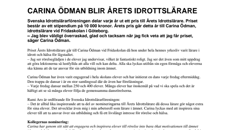 Carina Ödman blir Årets Idrottslärare