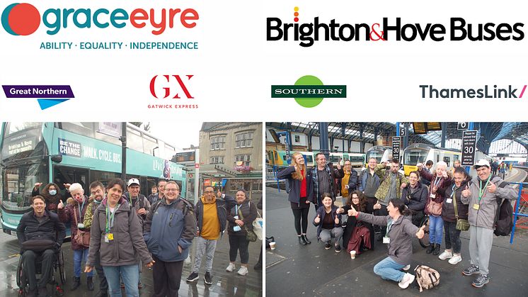 Thumbs up to integrated journeys on public transport: This group from Grace Eyre, which supports adults with learning disabilities, is shown how to make a journey by bus and then train, helping promote greater independence. DOWNLOAD PICTURES BELOW