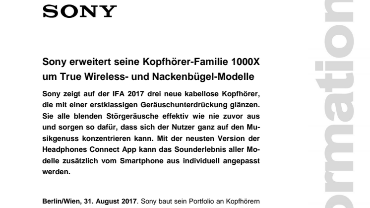 Sony erweitert seine Kopfhörer-Familie 1000X um True Wireless- und Nackenbügel-Modelle