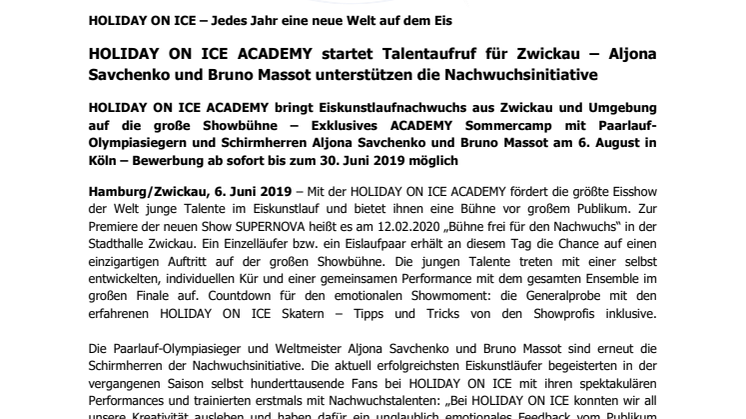 HOLIDAY ON ICE ACADEMY startet Talentaufruf für Zwickau – Aljona Savchenko und Bruno Massot unterstützen die Nachwuchsinitiative