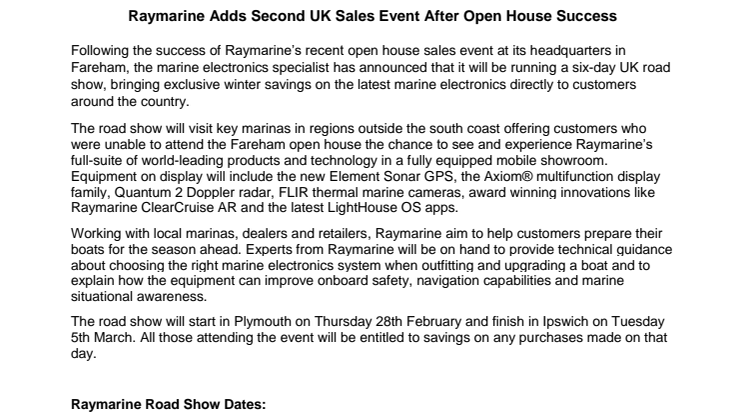 Raymarine: Raymarine Adds Second UK Sales Event after Open House Success 