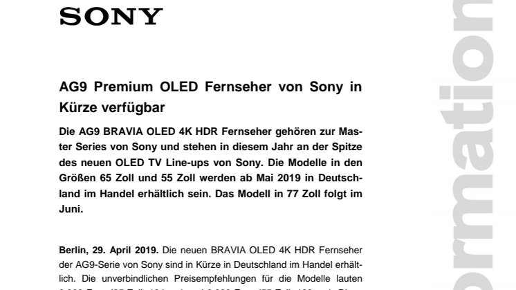 AG9 Premium OLED Fernseher von Sony in Kürze verfügbar