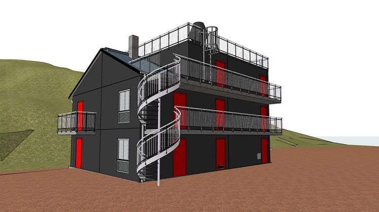 Skiss på övningshus där utformningen skapar möjlighet att träna i olika miljöer. Arkitektskiss: Fredblad arkitekter.