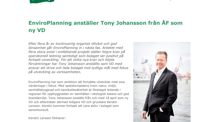 EnviroPlanning anställer Tony Johansson från ÅF som ny VD 