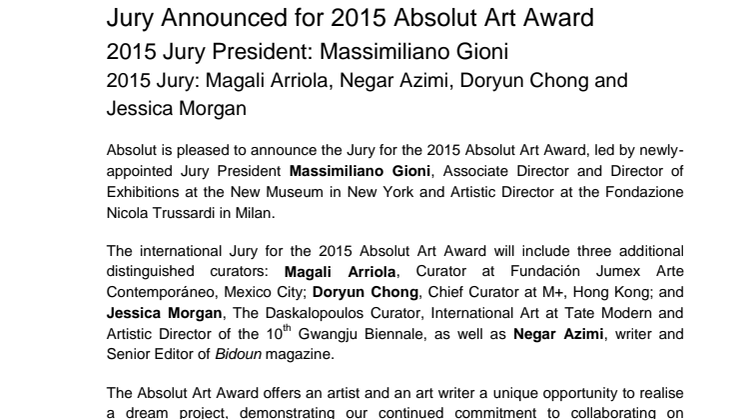 Jury Announced for 2015 Absolut Art Award