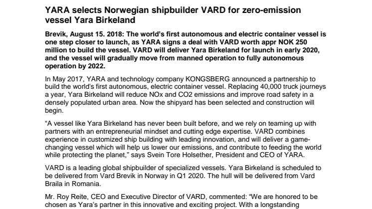 Kongsberg Maritime: YARA selects Norwegian shipbuilder VARD for zero-emission vessel Yara Birkeland