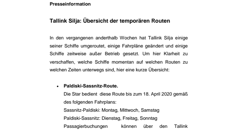 Tallink Silja: Übersicht der temporären Routen