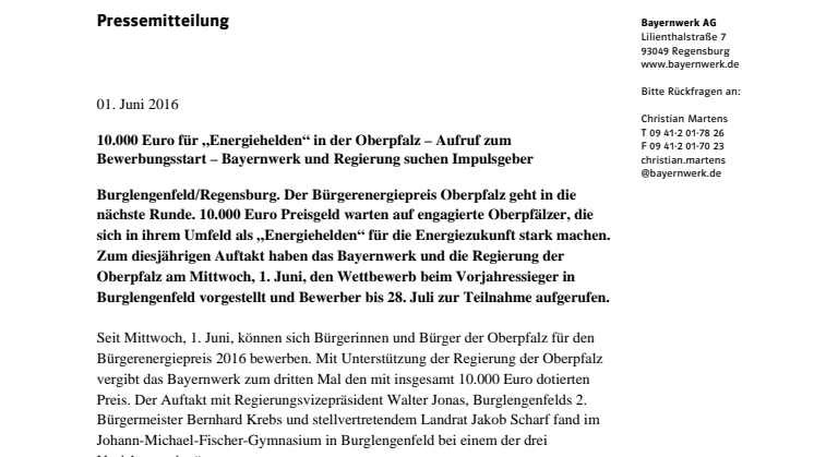 10.000 Euro für „Energiehelden“ in der Oberpfalz - Aufruf zum Bewerbungsstart