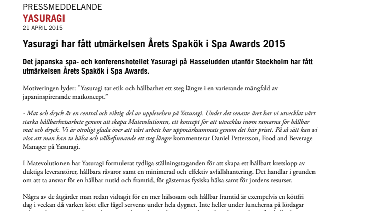 Yasuragi har fått utmärkelsen Årets Spakök i Spa Awards 2015
