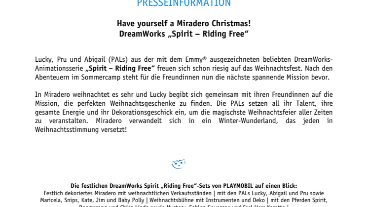 Have yourself a Miradero Christmas! Festliche PLAYMOBIL-Spielsets zu DreamWorks „Spirit – Riding Free
