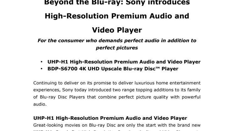 Seuraava askel Blu-rayn jälkeen: Sony julkistaa ensiluokkaisen korkean resoluution ääni- ja videosoittimen