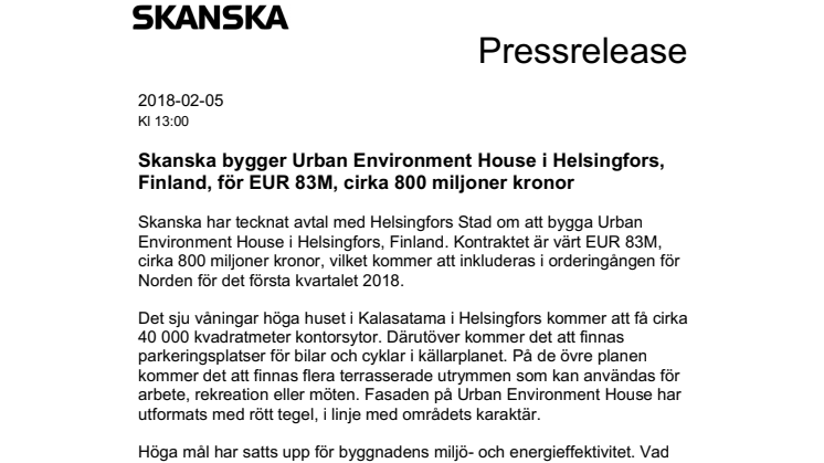 Skanska bygger Urban Environment House i Helsingfors, Finland, för EUR 83M, cirka 800 miljoner kronor