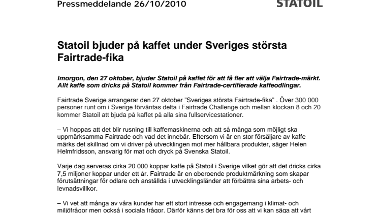 Statoil bjuder på kaffet under Sveriges största Fairtrade-fika