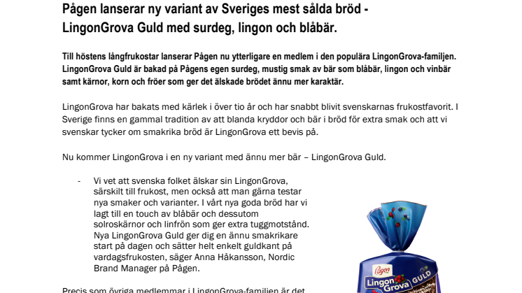 Pågen lanserar ny variant av Sveriges mest sålda bröd -  LingonGrova Guld med surdeg, lingon och blåbär