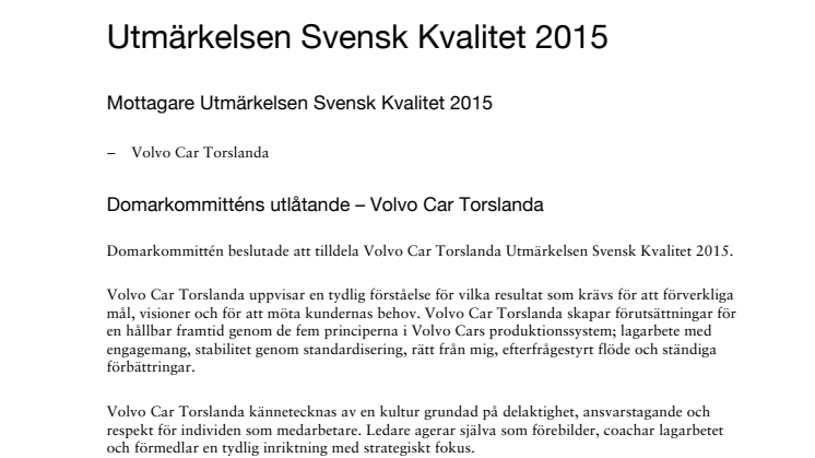 Presentation Utmärkelsen Svensk Kvalitet 2015