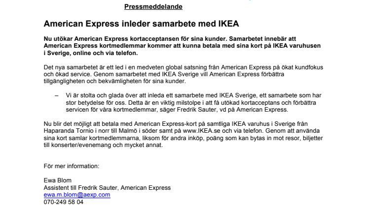American Express inleder samarbete med IKEA