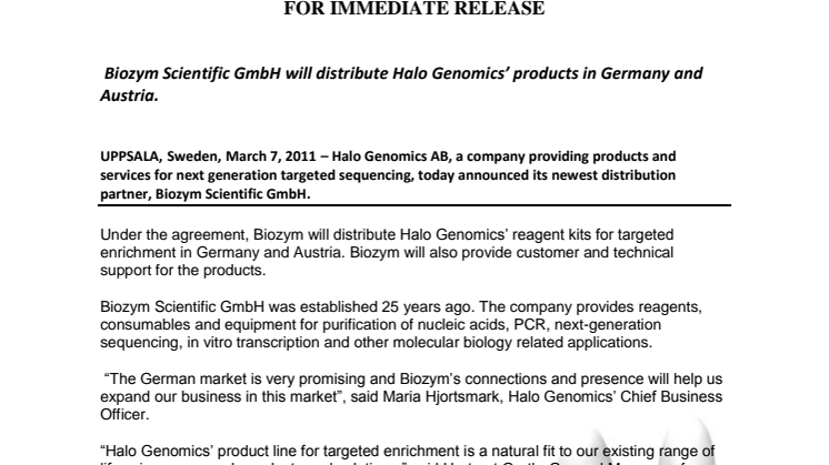  Biozym Scientific GmbH will distribute Halo Genomics’ products in Germany and Austria