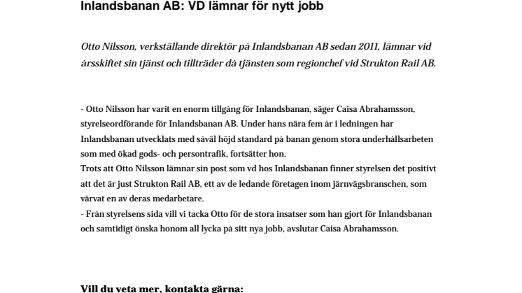 Inlandsbanan AB: VD lämnar för nytt jobb