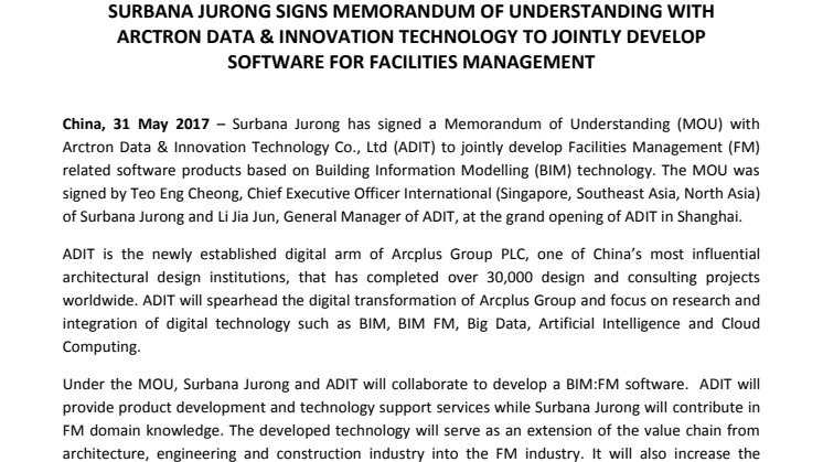 Surbana Jurong signs MOU with Arctron Data & Innovation Technology to jointly develop software for facilities management