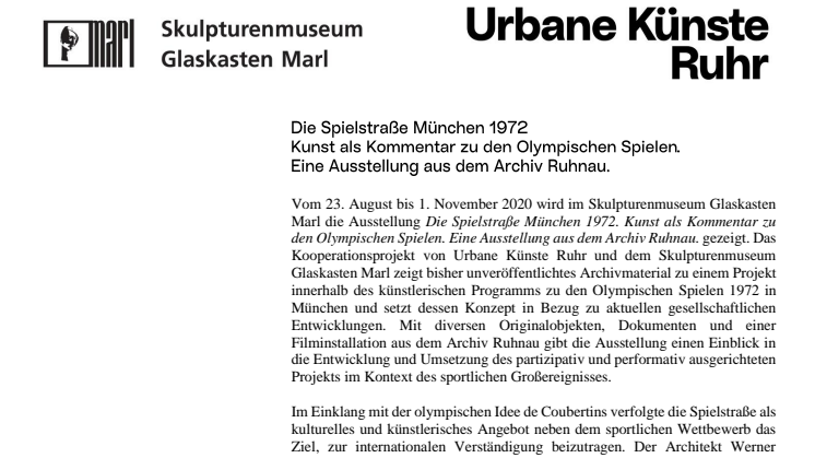 Die Spielstraße München 1972. Kunst als Kommentar zu den Olympischen Spielen. Eine Ausstellung aus dem Archiv Ruhnau.