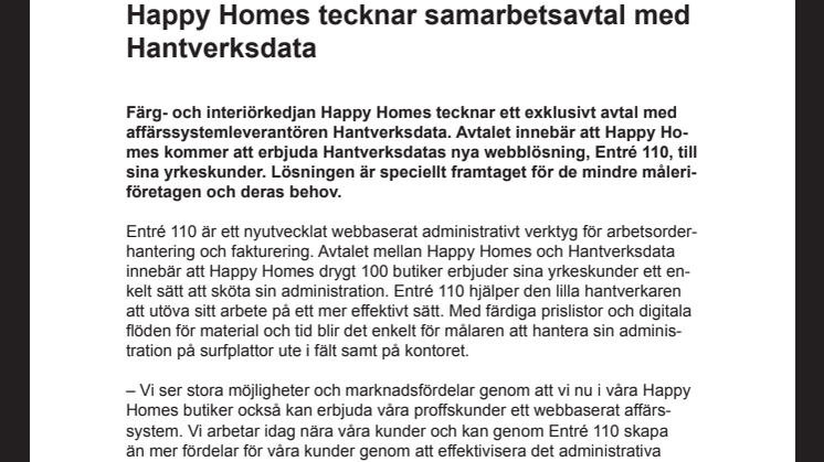Happy Homes tecknar samarbetsavtal med Hantverksdata