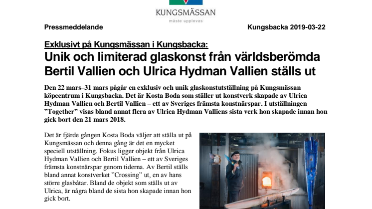 Exklusivt på Kungsmässan i Kungsbacka: Unik och limiterad glaskonst från världsberömda Bertil Vallien och Ulrica Hydman Vallien ställs ut 