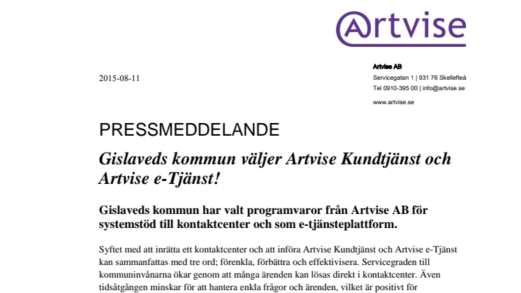 Gislaveds kommun väljer Artvise Kundtjänst och Artvise e-Tjänst!