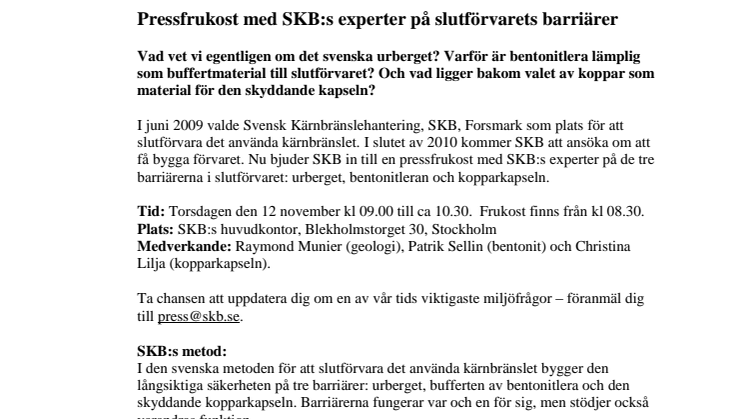 Inbjudan till pressfrukost: Möt SKB:s experter på slutförvarets barriärer