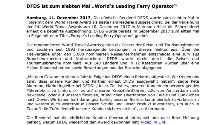 DFDS ist zum siebten Mal „World’s Leading Ferry Operator“