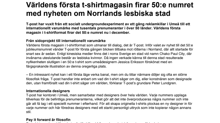 Världens första t-shirtmagasin firar 50:e numret med nyheten om Norrlands lesbiska stad