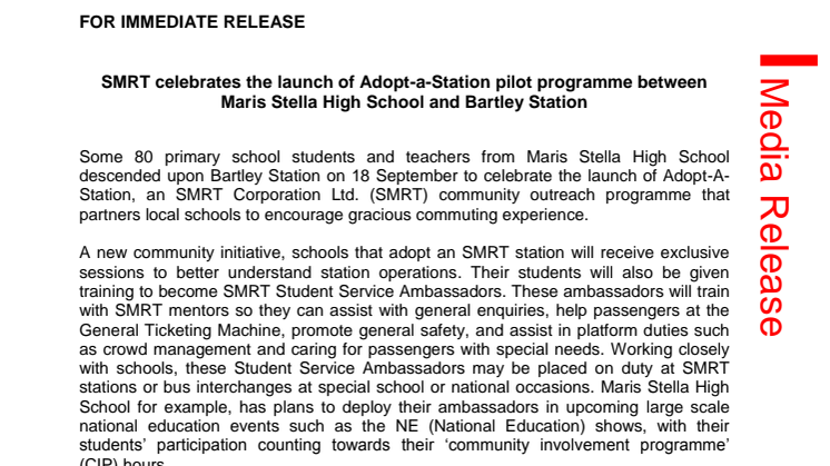 SMRT celebrates the launch of Adopt-a-Station pilot programme between Maris Stella High School and Bartley Station