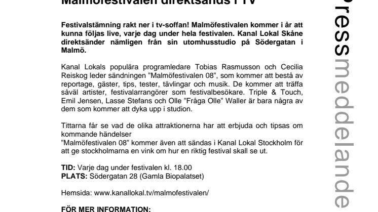 Malmöfestivalen direktsänds i TV  